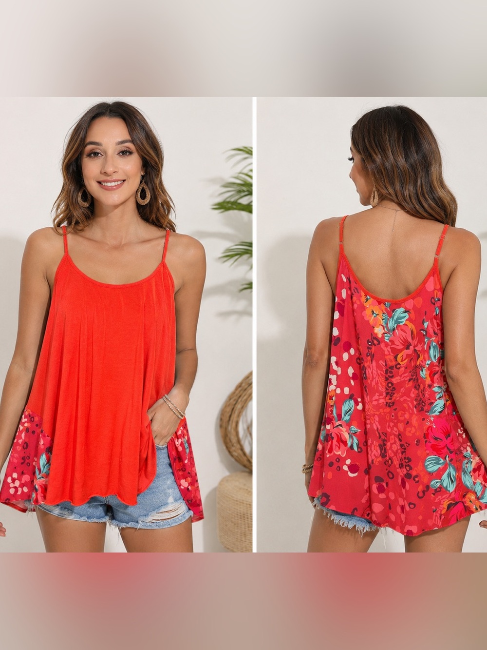 Umgee Orange/Red Floral Scoop Neck Oversized Flowy Top, Size Large